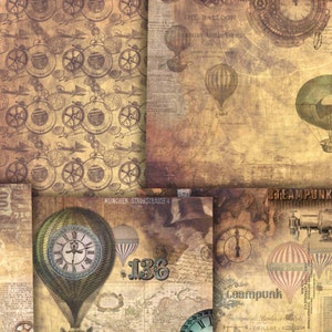 May include: A digital collage of vintage-style images featuring airships, clocks, and gears. The images are in shades of brown, beige, and green, with a steampunk aesthetic. The text "STEAMPUNK" is visible in the upper right corner.
