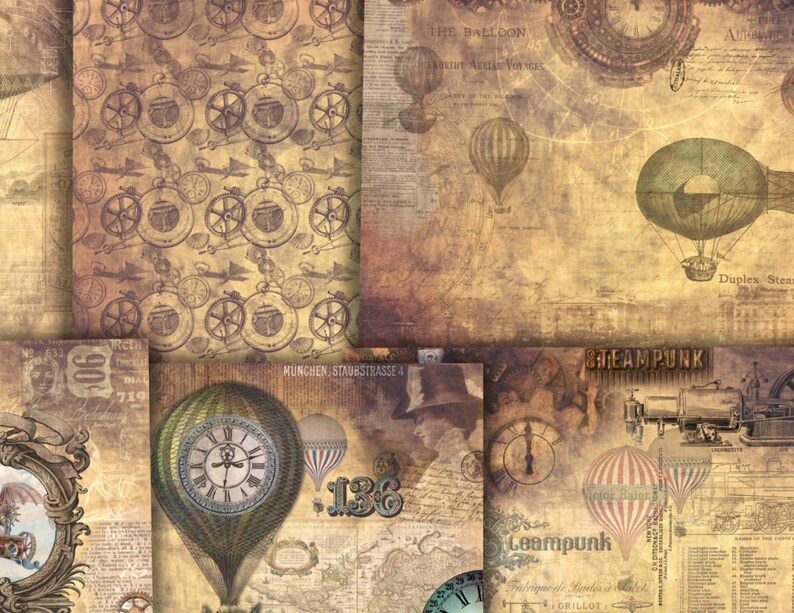 May include: A digital collage of vintage-style images featuring airships, clocks, and gears. The images are in shades of brown, beige, and green, with a steampunk aesthetic. The text "STEAMPUNK" is visible in the upper right corner.
