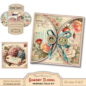 Shabby Floral Loaded Folder Square Shape Flap Folio Kit - Antique Roses Ephemera - Vintage Junk Journal Digital Printable - Journal Pockets