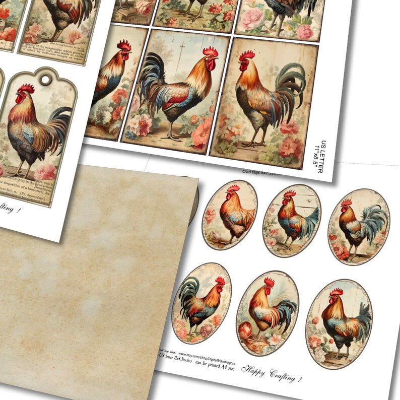 Vintage Roosters and shabby flowers ephemera collage cards and hanging tags for junk journaling