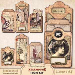 Steampunk Junk Journal - Loaded Folder Folio Kit - Easy DIY Victorian Digital Printable - Journal Pockets Cards Labels Hanging Tags