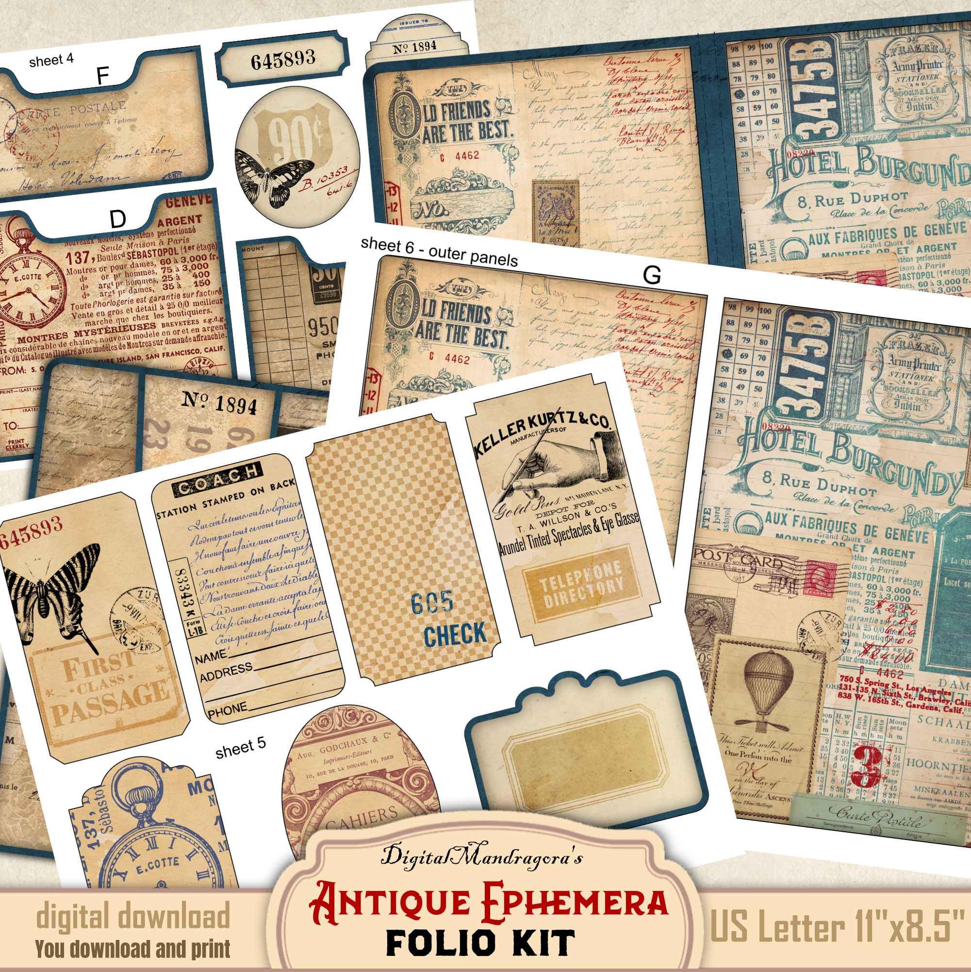Vintage Ephemera Folio Printable Kit • Sepia Ink Blue • Junk Journal ...