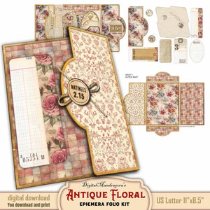 Antique Floral Pattern Tri-fold  Loaded Folder Folio Kit, Easy DIY Junk Journal Digital Printable with Journal Pockets, Cards Journal Tags