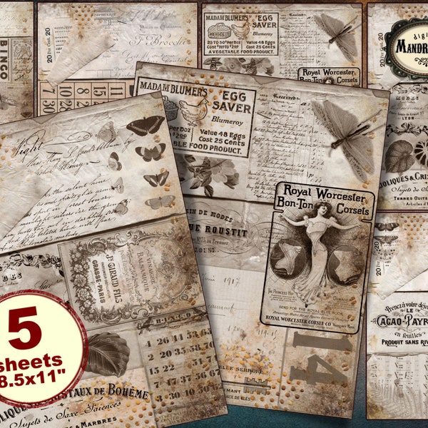 Grunge ephemera paper pack , 8.5x11 inches digital collage sheets, instant easy download, card making, decoupage, junk journal pages