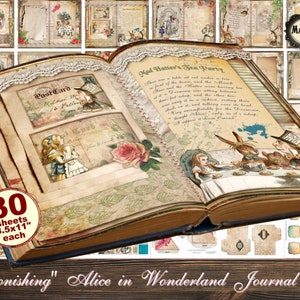 May include: A digital journal kit with 30 printable sheets featuring Alice in Wonderland illustrations. The kit includes a variety of pages with quotes, images, and decorative elements. The pages are designed to be printed on 8.5x11 inch paper.