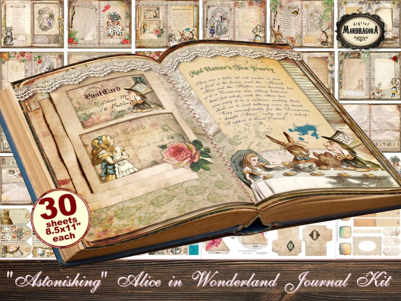 May include: A digital journal kit with 30 printable sheets featuring Alice in Wonderland illustrations. The kit includes a variety of pages with quotes, images, and decorative elements. The pages are designed to be printed on 8.5x11 inch paper.