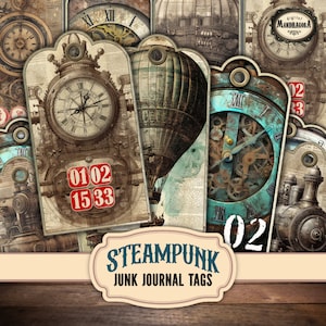 May include: A set of 10 printable steampunk junk journal tags featuring vintage clocks, gears, and an airship. The tags are in shades of brown, blue, and red with the text "STEAMPUNK JUNK JOURNAL TAGS".