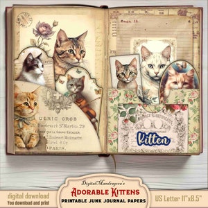 Adorable Kittens Junk Journal Kit Digital Prints : Ephemera collage Foldable Pages, Cards, Hanging Tags with Antique Cats for Journaling