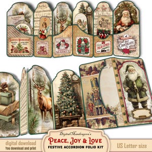 Vintage Accordion Folio Christmas Junk Journal - Digital Download Craft Kit for Festive Paper Crafting with Cards Tags Labels