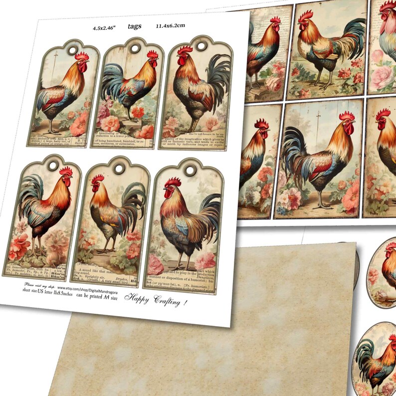 Vintage Roosters and shabby flowers ephemera collage cards and hanging tags for junk journaling