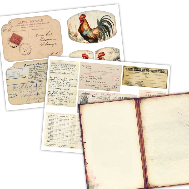 Farmhouse Vibes Printable Journaling Kit - Vintage Roosters & Shabby Cottage Core - Digital Junk Journal Supplies