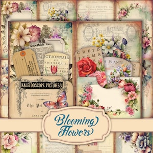 Vintage Blooming Flowers Digital Junk Journal Kit - Watercolor Floral Ephemera, Double Pages, Labels, journal pockets, Cards, Embellishments