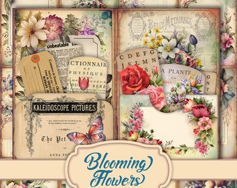 May include: A digital collage featuring vintage floral illustrations and text. The collage includes images of flowers, butterflies, and text in French and English. The title of the collage is "Blooming Flowers".