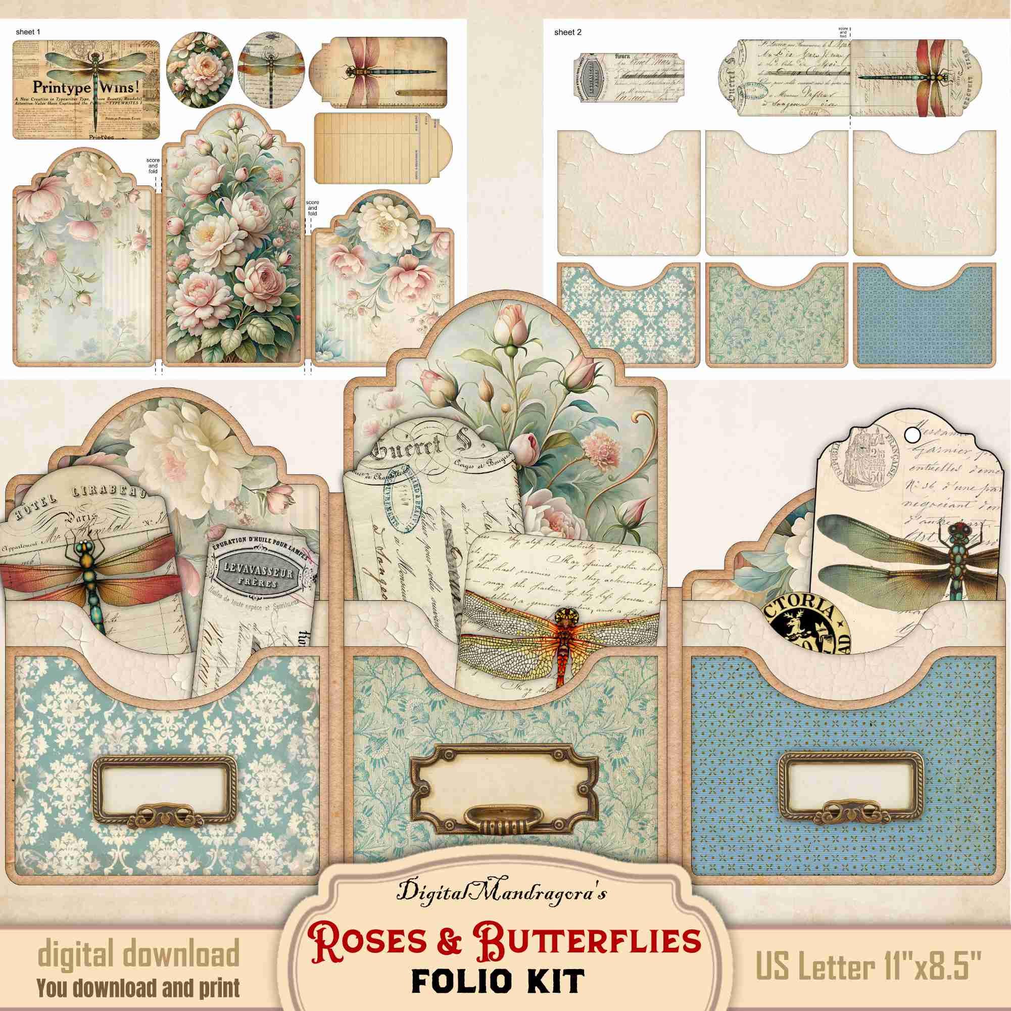 Shabby Floral Junk Journal Folio Kit: Vintage Roses & Dragonflies (PDF ...