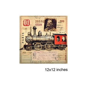 May include: Vintage style print of a red and black steam train with the words "PARIS" and "DORT 20596 STEAM" on it. The train is on a background of old paper with writing and stamps. The print is 12x12 inches.