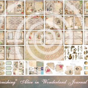 May include: A digital scrapbooking kit featuring Alice in Wonderland themed images. The kit includes pages, embellishments, and other elements for creating a journal or scrapbook. The kit is designed in a vintage style with a whimsical and charming aesthetic.