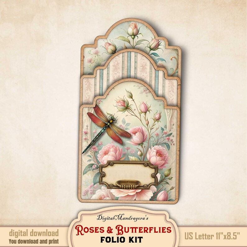 Shabby Floral Junk Journal Folio Kit: Vintage Roses & Dragonflies (PDF ...