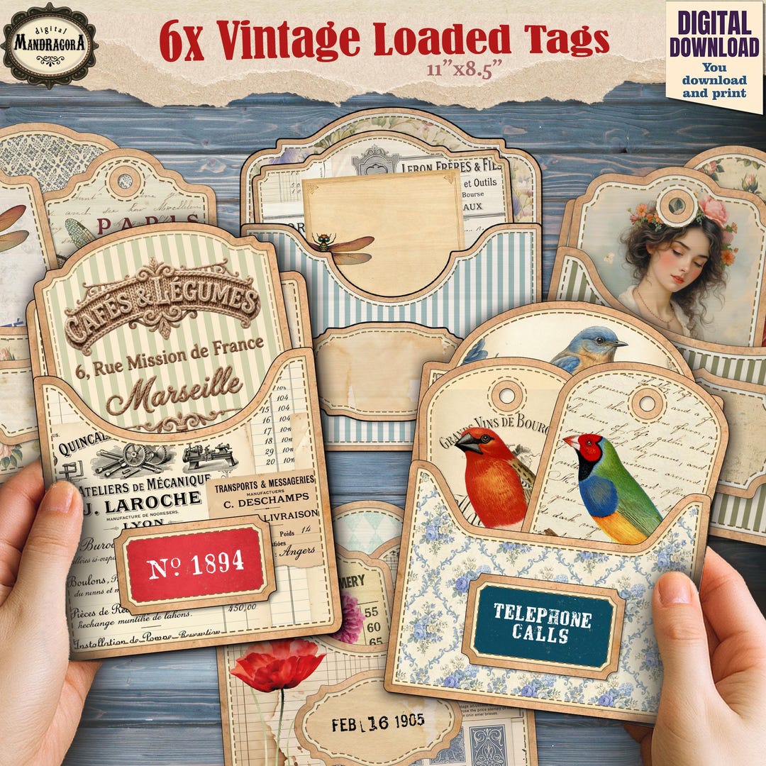 Vintage Loaded Tags Printable, Mixed Ephemera Pockets for Junk Journals ...