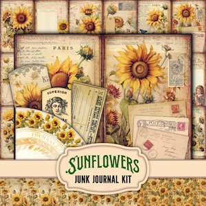 Antique Sunflowers Grungy Junk Journal Kit with Floral Double Pages and Old Botanical Cards, Labels, Journal pockets, Tags, Digital download