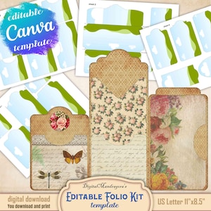 Canva Template - Drag and Drop Folio Kit, Printable Pockets, Ephemera for Crafting, Blank Editable Folio for Junk Journals and Paper Crafts