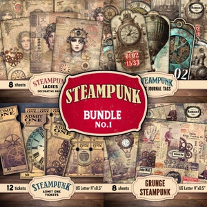 Steampunk Junk Journaling Scrapbooking Bundle : digital ephemera collage papers, hanging tags, ADMIT ONE tickets, Party,  Instant Download