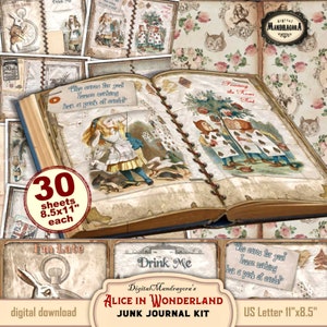 Alice in Wonderland junk journal, Alice in Wonderland junk journal pages, junk journal kit, Alice in Wonderland, instant digital download