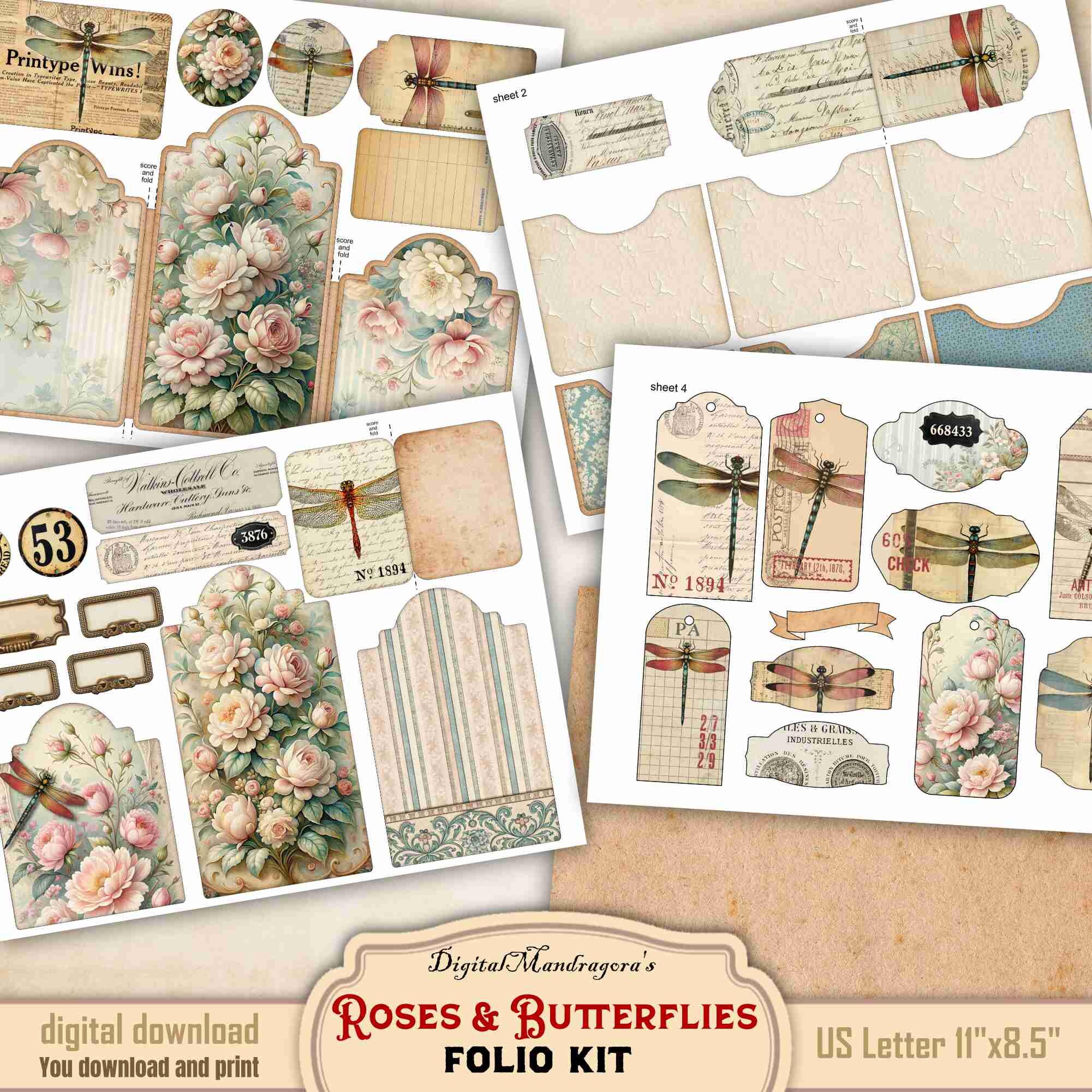 Shabby Floral Junk Journal Folio Kit: Vintage Roses & Dragonflies (PDF ...