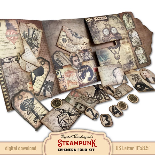 Steampunk Trifold Folio Kit - Loaded with Industrial Tags, Vintage Labels and Printable Cards - Junk Journal Kit, instant digital download