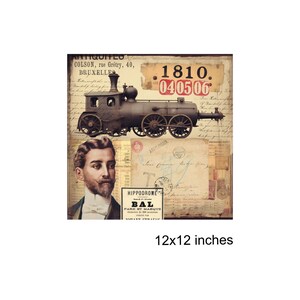 May include: A vintage-style collage featuring a black steam locomotive with the text "1810. 040506" and a portrait of a man with a beard. The collage is surrounded by old paper scraps with handwritten text and a small advertisement for a "Bal" event at the "Hippodrome".