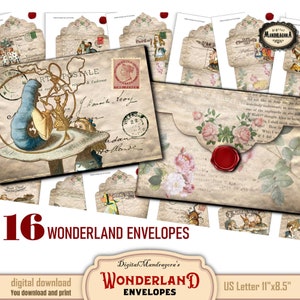Alice in Wonderland envelopes, Digital envelope, Alice stationery, Journal supplies, Junk envelopes, Alice Printable, digital download