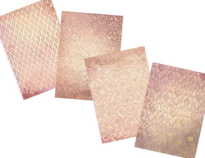 May include: Four sheets of decorative paper with a pink and gold floral pattern. The paper has a textured, embossed look.