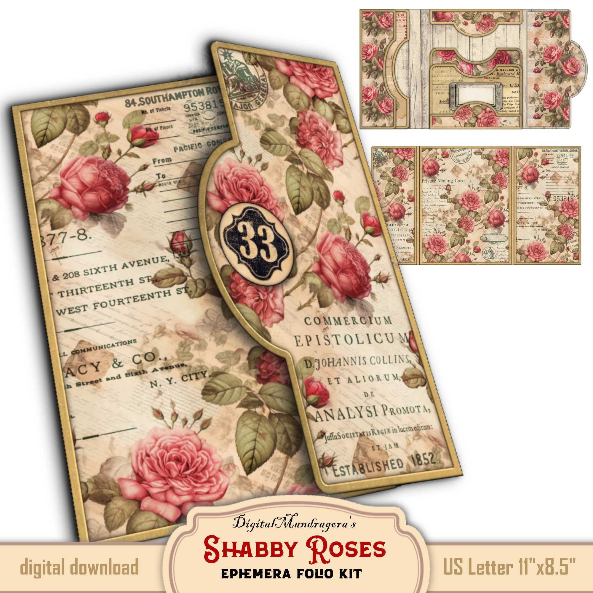 Shabby Roses Ephemera Tri-fold  Loaded Folder Folio Kit, Easy DIY Junk Journal Digital Printable with Journal Pockets, Cards Journal Tags
