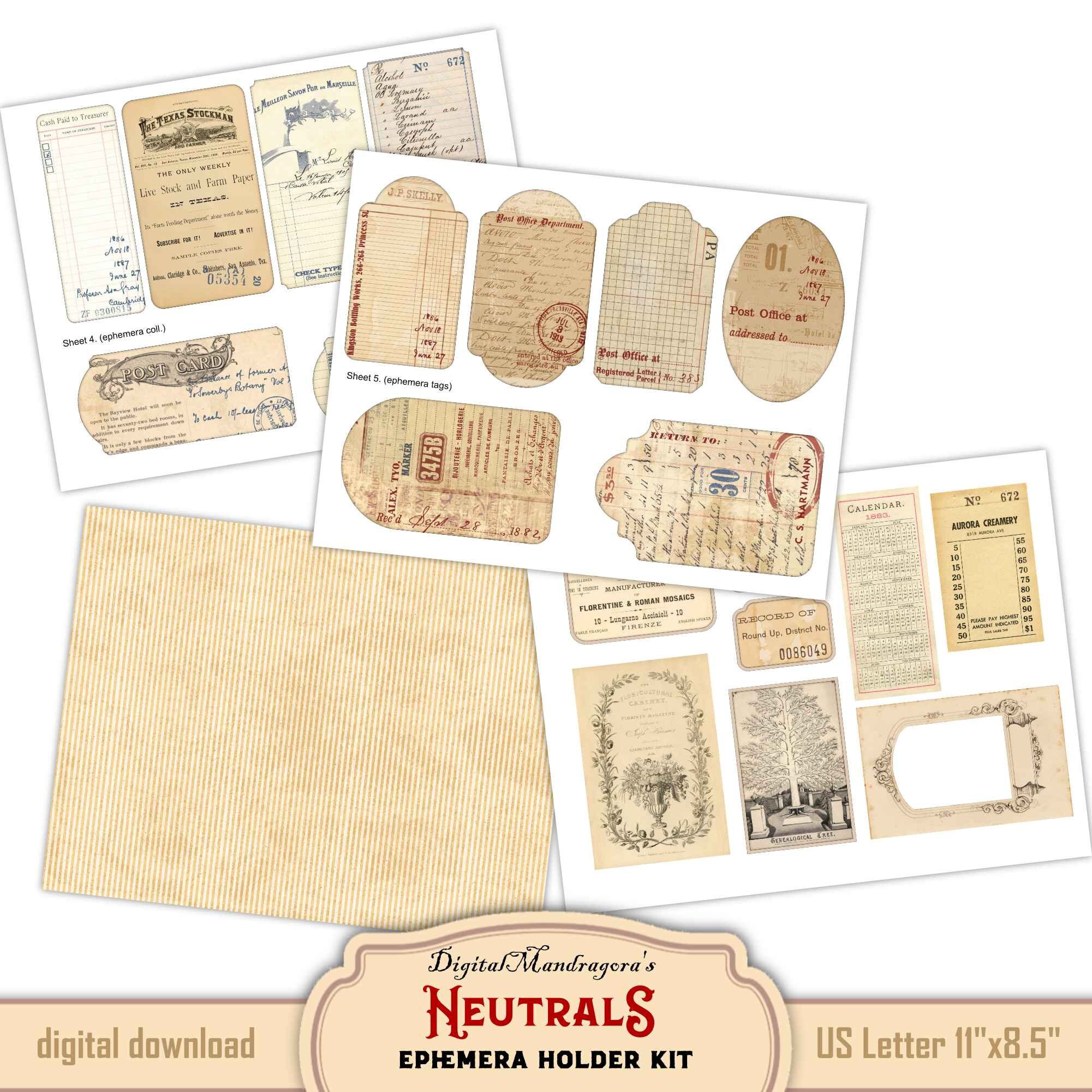 Neutral Ephemera Holder Tri-fold Folio Kit: Vintage Junk Journal ...