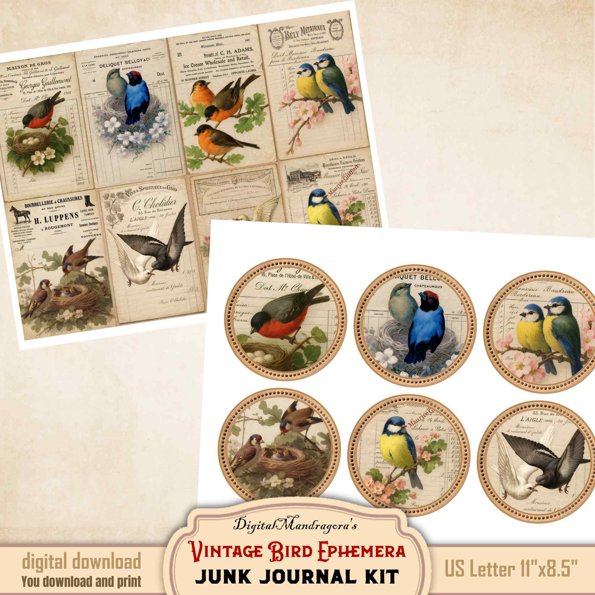Vintage Bird Ephemera Junk Journal Kit – Printable French Invoice ...