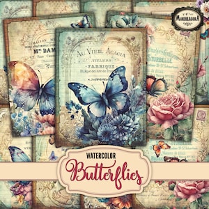 Watercolor butterfly digital ephemera collage paper pack for vintage style junk journaling, floral, You download and print