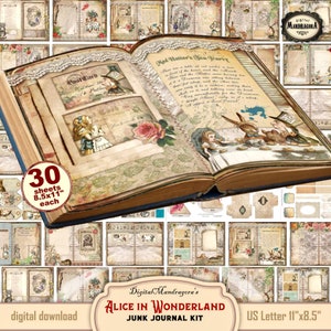 Astonishing Alice in Wonderland junk journal kit, printable journal pages, Wonderland prints, instant digital download