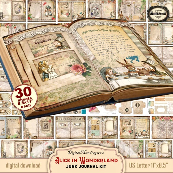 Alice in Wonderland Junk Journal Kit: Printable Pages (Digital Download)