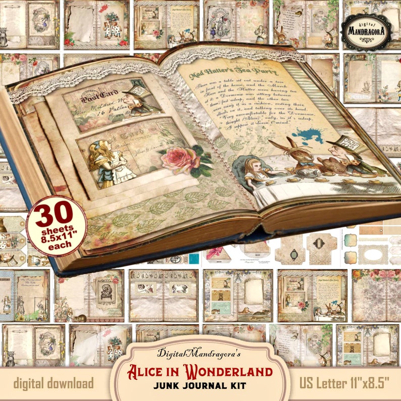 May include: A digital junk journal kit featuring Alice in Wonderland themed images. The kit includes 30 printable sheets, each measuring 8.5 inches by 11 inches. The kit is designed for use with US Letter size paper.