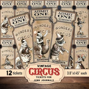 Vintage Circus party invitation tickets for junk journaling, instant download