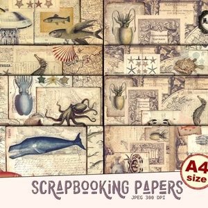 Nautical Maritime scrapbooking printable A4 decorative ephemera collage papers for junk journals and card making, digital download