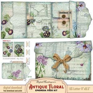 Green Floral folio kit, Junk Journal kit, Loaded folder, Junk folio kit, Ephemera folio, Pocket folder, Folio print, Digital download