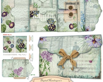 Green Floral folio kit, Junk Journal kit, Loaded folder, Junk folio kit, Ephemera folio, Pocket folder, Folio print, Digital download