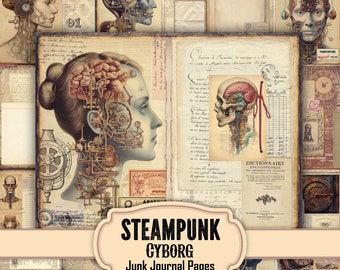 Vintage-Inspired Steampunk Cyborg Junk Journal Pages - collage sheets - Instant Download, Digital Scrapbooking Kit