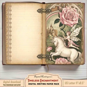 Magical Fairy Tale Writing Papers: Timeless Enchantment Junk journal Pages,  Fairies, Unicorns, Clocks & Roses, Instant Digital Download
