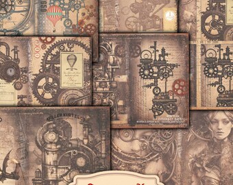 May include: Eight digital papers featuring a steampunk theme with intricate gears, clock faces, and a vintage aesthetic. The papers are designed for use in junk journals and measure 11 inches by 8.5 inches.