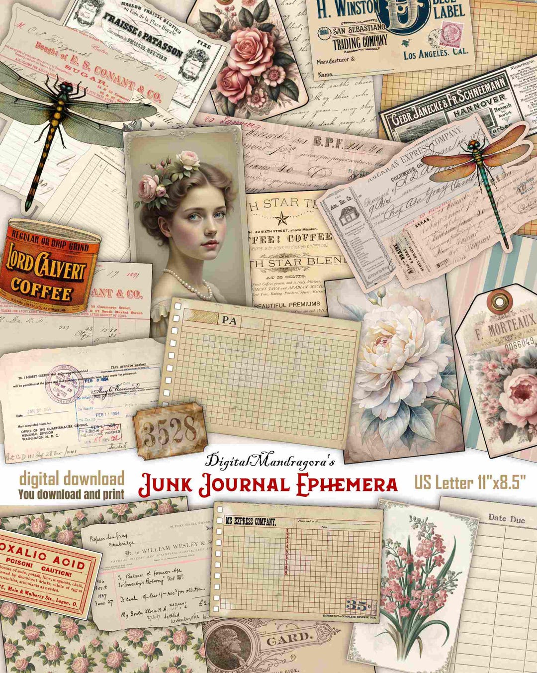 Vintage Ephemera for Junk Journals - Printable Mixed Shapes & Sizes ...