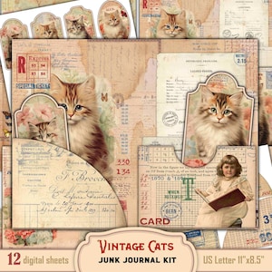 Cats Junk Journal Printable Pages, Animal collage sheets prints, Antique invoice collage, Shabby Vintage Kitten tags and journal pockets
