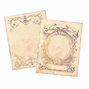May include: Two vintage-style blank stationery sheets with ornate floral and scrollwork borders. The sheets have a faded, aged look and are perfect for writing letters or journaling.