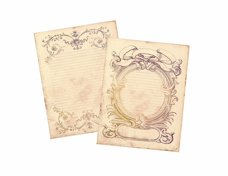 May include: Two vintage-style blank stationery sheets with ornate floral and scrollwork borders. The sheets have a faded, aged look and are perfect for writing letters or journaling.