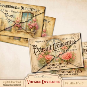 May include: Vintage envelopes with a watercolor design. The envelopes feature illustrations of flowers, windows, and French text. The envelopes are labeled "Vintage Envelopes" and are US Letter size, 11"x8.5".